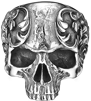 Dochais Bijoux Bague Homme Tête de Mort Argent Bague Gothique Homme Crâne Flammé Bague Homme Acier inoxydable Taille 57 de 70 (Argent, 57)