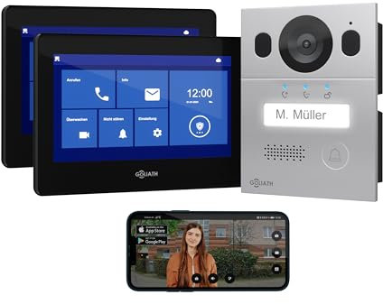 GOLIATH Basic Video Türsprechanlage, 2 Draht Bus, 2X 7 Monitor, Unterputz Türklingel mit Kamera, Gegensprechanlage mit Türöffner und Klingel, 1 Familienhaus, Plug & Play, Smartphone App, AV-BLS-08U