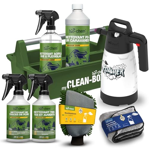 Bio-Chem - Premium Set 8 Productos para el Cuidado Exterior de caravanas y autocaravanas - Limpiadores, Ceras y Accesorios para autocaravanas - Limpieza de Cristales, Parabrisas y carrocería