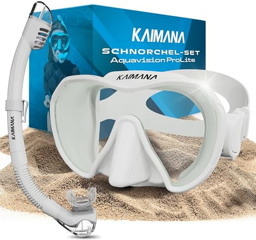 Das Neue KAIMANA® AquaVision Prolite Schnorchelset für Erwachsene inkl. Tragetasche, Bequeme Taucherbrille Erwachsene, Alternative zur Schnorchelmaske, Taucherbrille mit Stoffband/Silikonstrap