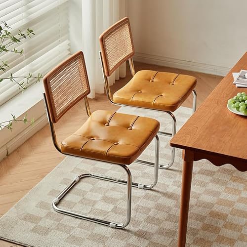HVZHVZ Rattan Dining Chairs Set of 2, Modern Dining Room Chairs with Solid Wood for Kitchen Living Room, Mid Century Comfy Dining Chairs, Upholstered Faux Leather Brown