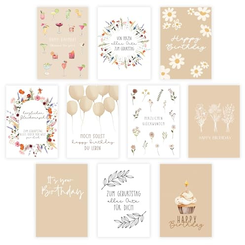 10 Geburtstagskarten - hochwertige Klappkarten - Papier&Druck aus Deutschland - inklusive Umschlägen & Stickern - Glückwunschkarten für Freunde, Familie, Kollegen