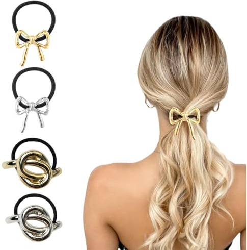COYUN 4 Pcs Manchette De Cheveux Pour Queue De Cheval, Argenté Or Bijoux Cheveux Doré Cyberpunk Géométrique Pour Femme, Accessoire Chouchou Cheveux Doré, Elastique Attache Cheveux Femme En Métal