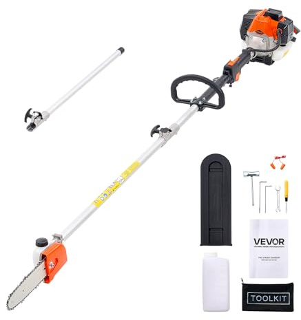 VEVOR Motosierra de Pértiga a Gasolina, Motosierra Inalámbrica de 25 cc y 2 Tiempos con Barra de Corte de 20,3 cm, Tanque de Combustible de 650 ml y Extensible de 2-2,74 m para Podar Árboles