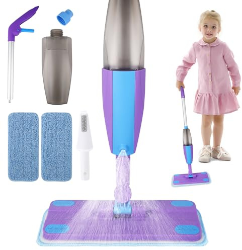 Kids Spray Mop, Real Working Toddler Cleaning Set with Water Sprayer & 2 Washable Mop Pads & Scraper, Pretend Play Montessori Housekeeping Toys Gifts for Toddlers Kids Girls Boys (Blue&Purple)