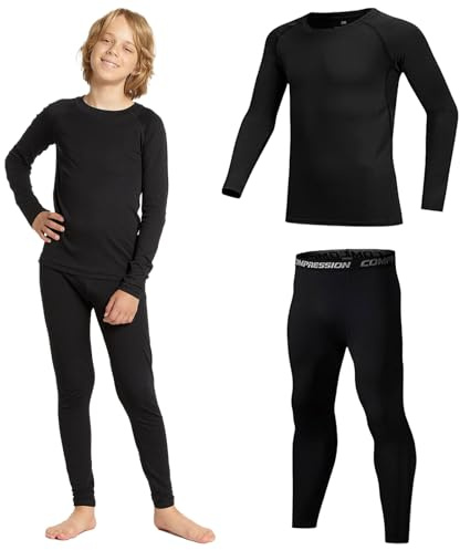 Fjquamitix Kids Thermal Base Layer Set, Felt Lined Winter Warm Girls Boys Base Layer Top And Leggings Thermal Underwear Set Kids for Ski Cycling & Running Football (Black, 8-9 Years)
