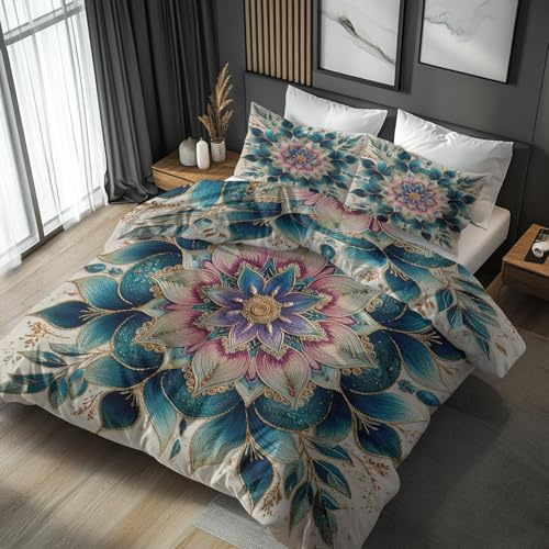 Double Duvet Cover Set Mandala Bedding - 3 Piece with 2 Pillowcases, Vintage Art Flroal Printed Design, for Bedroom Decor, Soft Brushed Microfiber, Zip Fastening - IL240