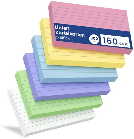 Karteikarten Liniert, 300 Stück A7 （7.62CM x 12.7CM）Farbige Lernkarten, Vokabelkarten, Karteikarten Beschriftbar Liniert Verdickter Karteikarte, Rezepte Vokabeln Flash Cards für Büro Schule Haus