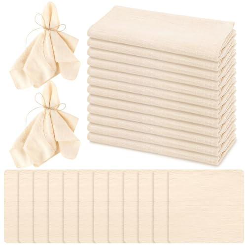 LOMUG 12 Stück Stoffservietten, Leinenservietten 42x42cm, Wiederverwendbare Servietten Stoff, Baumwolle Tischservietten Stoff mit 10m Schnur für Geburtstag Party (Beige, Sperren Sie die Kante)