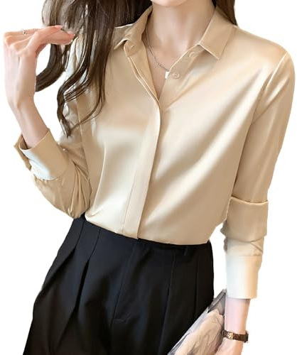 HIYIRUI Women's Satin Blouse Fashion Long Sleeve Satin Silk Shirt Work Office Top Casual Shirt (UK, Alpha, XL, Regular, Regular, Champagne)