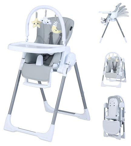 LIFEZEAL Trona Evolutiva para Niños de 6 a 36 Meses, Silla Alta Plegable Reclinable con Altura Ajustable, Cinturón de Seguridad de 5 Puntos, Doble Bandeja Extraíble y Ruedas (Gris luminoso)