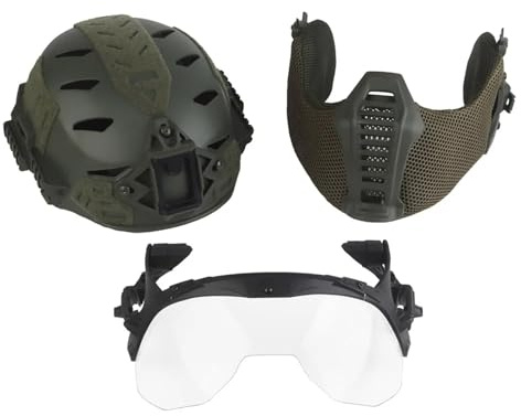 LZAQHMT Set Completo Di Protezione Per Casco Tactical 3.0 Wendy - Occhiali Flip, Paraorecchie, Paradenti Per Attrezzatura Allenamento Per Paintball, Softair E Altro(RANGER GREEN)