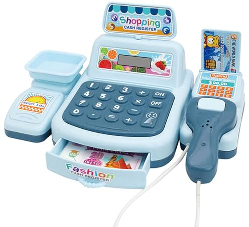 Jouets de caisse enregistreuse pour enfants de 3 à 5 ans, caisse enregistreuse interactive avec scanner pour un jeu imaginatif et un apprentissage du comptage, la numérisation, l'impression des