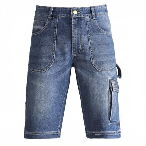 Siry Work Kapriol Jeans Corti da Lavoro, Denim Blu, 75% Cotone / 24% Poliestere / 1% Elastan, Tasche Cargo, Passante Porta Martello (IT, Testo, 3XL, Regular, Regular, Denim)