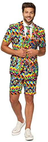 OppoSuits Herren Men Suit Business-Anzug Hosen-Set Inklusive Shorts, Kurzarmjacke & Krawatte, Abstractive, 48 EU