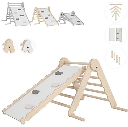 MAMOI® Triangolo con Scivolo in Legno Naturale per Bambini, Parete Arco Arrampicata per Uso Interno, Percorso Montessori a Partire da 1/2/3 Anni