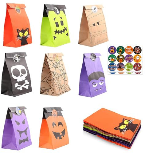 MIZIJIA Halloween Candy Tüten, Papiertüten, 24 Stück Partytüten Papiertüten Geschenktüten Set Mit Stickern für Kinder Geburtstag, Hochzeit Partym, 18 * 9 * 5.5CM