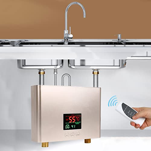 GDWD Mini Scaldacqua Istantaneo, Scaldabagno Istantaneo Elettrico Portatile Macchina per Acqua Calda con Display a LED per Doccia da Bagno di Casa 220 3000W TOUCT+RECOTE RECOTE CONTROLLO (oro)