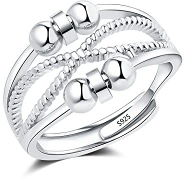 Cangall Silver Anxiety Rings, 925 Sterling Silver Anxiety Fidget Ring, Adjustable Open Anti Anxiety Rings with Beads Spinner Ring for Stress Relief, Unisex Silver Fidget Ring for Women Men