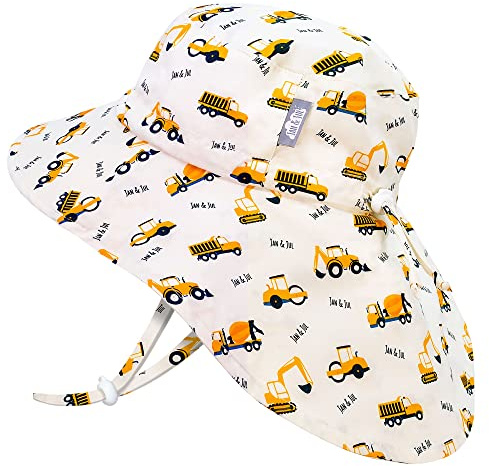Jan & Jul Baby Sonnenhut aus Reiner Baumwolle mit Nackenschutz für Jungen (Kleine Bagger, 6-24 Monate)