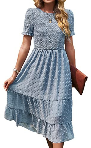 BebreezChic Damen Sommerkleid Maxikleider Kurzarm Rundhals Swiss Dot Rüschen Falten Einfarbig Casual Elegant Cocktailkleid, Blau M