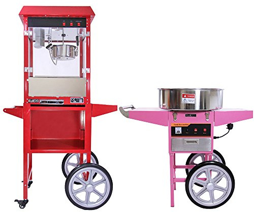 KuKoo Retro 1x Popcornmaschine Popcorn Maker mit Wagen und 1x Rosa Retro Zuckerwattemaschine mit Wagen im Set I Candy Floss Machine Commercial
