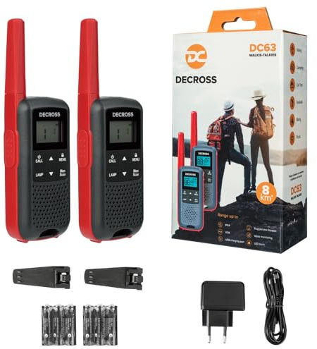DC DECROSS 63 Walkie Talkie niños y Adultos, 2Set Walki Talki hasta 8 km, PMR446 16 Canales, VOX, Linterna, IPX4, Regalo niños niñas 5, 6, 7, 8 años, Senderismo, Camping, batería Recargable (Rojo)