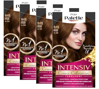 POLY PALETTE Intensiv Creme Coloration 6-65/645 Honigbraun Stufe 3 (4 x 115 ml), permanente Coloration für bis zu 8 Wochen intensiven Farbglanz & 100% Grauabdeckung