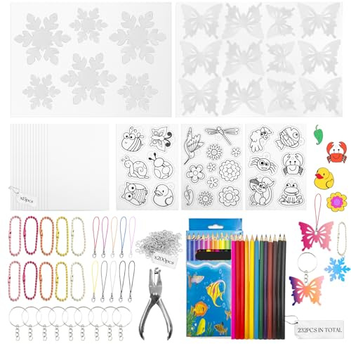 SNAIL GARDEN 252 PCS Shrinky Dink Sheets with Hollow Out Pre-Cut Snowflake & Butterfly Patterns, Heat Shrink Plastic Sheet Kit with DIY Keychain, Hole Punch, Colored Pencils