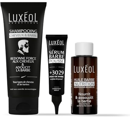 LUXEOL - Protocole Soin Barbe & Cheveux Homme - Nourrit, Renforce, Protège - Huile Barbe Nutrition 50 ml, Shampoing Cheveux & Barbe 200 ml, Sérum Barbe Pousse 60 ml .