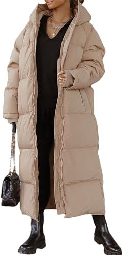 FUPODD Wintermantel Damen Lang Mit Kapuze Daunenmantel Damen Dicke Winterjacke Damen Warm Gefüttert Daunenjacke Frauen Winter Winddicht Steppmantel Damen Lang Reissverschluss Daunenjacken Wanderjacke