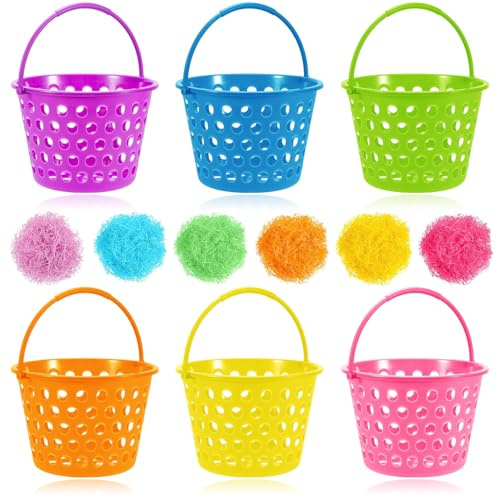 6 Pcs 8 Easter Egg Baskets with 55g Tricolors Easter Grass - Easter Baskets with Handle for Easter Theme Garden Party Favors, Bunny Easter Egg Hunt Party Treat Bag Goodies Goody, Basket Fillers