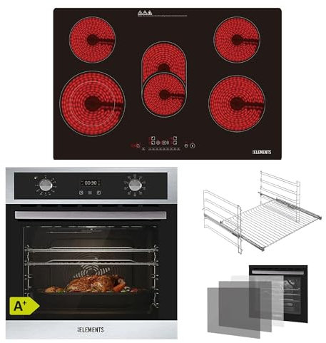 KB ELEMENTS Kit de cuisinière autonome - Four encastrable de 60 cm - 70 litres - Plaque de cuisson vitrocéramique de 59 cm - 9 fonctions - Triple vitrage de protection thermique - Fonction rôtisserie
