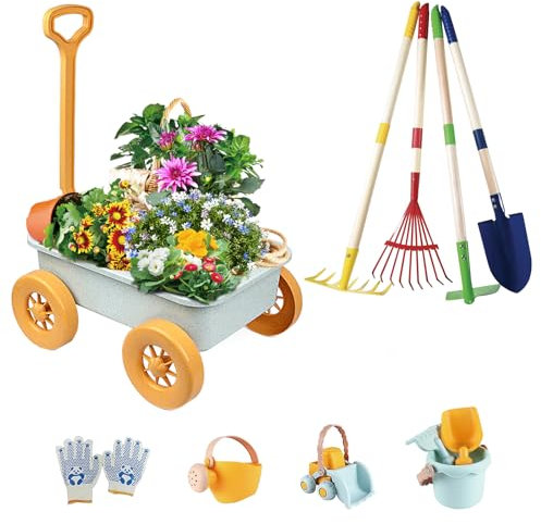 Mostop Kids Gardening Tools Set,Outdoor Hinterhof Bauernhof Graben Spielzeug mit Schubkarre,Metall Schaufel, Harke,Laubrechen,draußen Garten Wagen Spielzeug Geburtstagsgeschenke für Jungen Mädchen 4-8