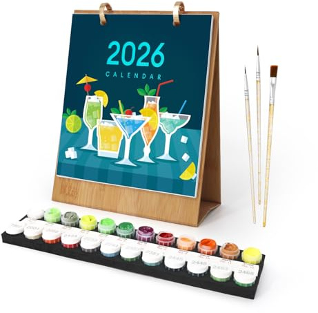 Generisch Calendrier 2026 Peinture par numéros - Calendrier de table avec illustrations faites à la main - Avec peintures acryliques et pinceaux - Pour dessiner pendant les loisirs (série cocktail (B)