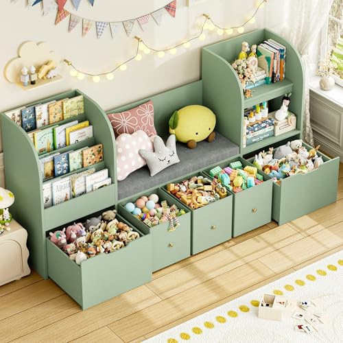 FOTOSOK 71” Kids Bookshelf with Reading Nook, Toy Storage Organizer with Seat Cushion and 2 Movable Drawers & 3 Fabric Toy Chests, Kids Reading Nook Toy Organizers and Storage with Bench for Playroom