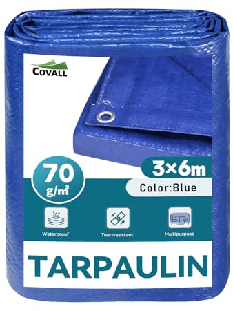 COVALL Telone Impermeabile 70g/mq - Telo con Occhielli in Alluminio - Antistrappo per Esterno, Piscina Fuori Terra, Giardino e Campeggio - Copertura Multiuso Blu 3x6m