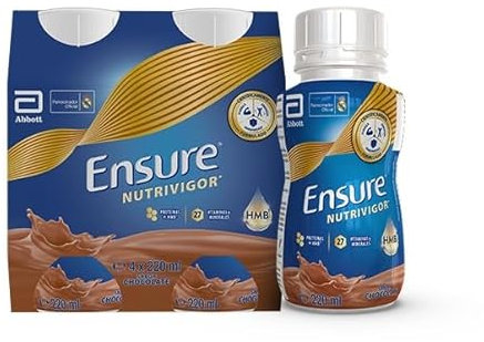 Ensure Nutrivigor - Complemento Alimenticio para Adultos, con HMB, Proteínas, Vitaminas y Minerales, como el Calcio - Sabor Chocolate - Pack de 4 Botellas x 220 ml