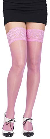 SENTELEGRI Sheer 20 Denier Elastane Hold Ups Stockings with Lace, 17 Colours, Sizes S-XL (Pink, Large)