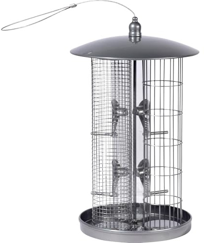 dobar 11515 Large Multi-Function Feeding Column - Bird Feeder with 3 Feeding Silos - Feeding Station Made of Metal for Hanging - Bird Food Column for Nuts/Dumplings/Seeds - Ø 21.5 x 36.5 cm - Grey