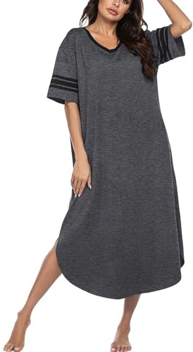 Ekouaer Long Nightgown, Womens V Neck Loungewear Oversized Sleepwear Loose Sleep Dress Dark Grey