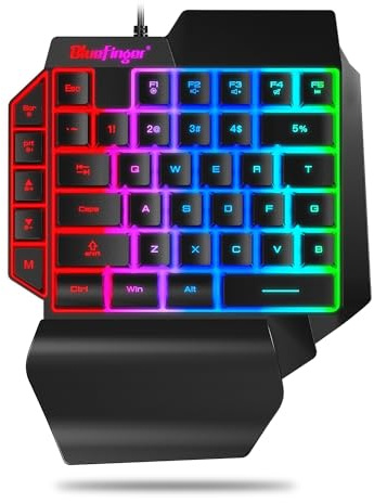 En hand RGB speltangentbord, USB trådbundet regnbågsbokstäver lysande enhandstangentbord med handledsstöd multimedia tangenter, bakgrundsbelyst ergonomiskt mekaniskt tangentbord för spel
