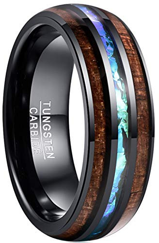 Vakki Herren 8mm Schwarz Wolframcarbid Ringe mit Holz und Imitiert Opal Ehering Verlobungsringe Größe 57(18.1)