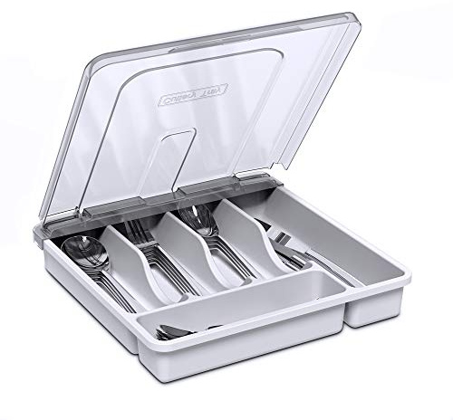 YICOCHI Utensil Holder for Countertop with Lid, Plastic Silverware Tray for Drawer, 5 Compartments Flatware Organizer, White