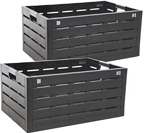 Klappbox Faltbox mit Holzdekor, 2er Set, ca. 60 Liter / 60 x 40 x 28 cm, aus robustem Kunststoff, Fb. anthrazit, Made in Europe