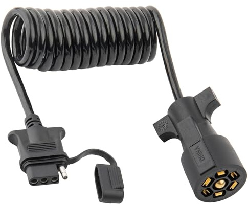 MECMO 7 Way Blade to 4 Way Flat Trailer Adapter Coiled Wiring Harness 7.5ft Male 7 Pin to 4 Pin Trailer Extension Cord Jacketed Cable Heavy Duty 18AWG Copper 7 to 4 Wire Trailer Connector Plug 90 inch