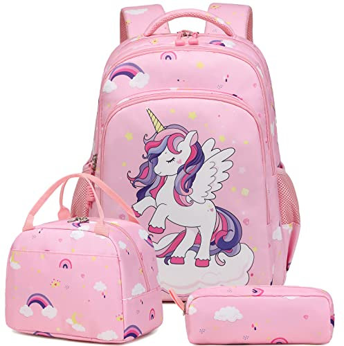 Kinderucksack Einhorn für Mädchen Schulrucksack Rucksack Kinder Schultasche 3 in 1 Schultaschen Sets Mädchen Schulranzen Kinder Rucksack mit Brustgurt, für Schule 1-3 Klasse