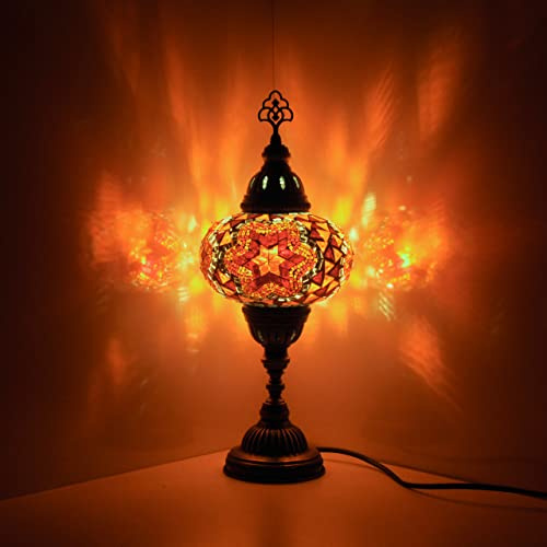 10 Variation Mosland Home Turkish Lamp Mosaic Table Lamps | Turkish Moroccan Lamp with Bronze Base | Handmade Tiffany Night Lamp | Mosaic Glass Bedside Night Lamp with Led Bulb (Red&Orange)