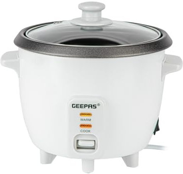 Geepas Rice Cooker, 0.6L | Electric Rice Cooker with Keep Warm Function, Automatic Cooking, Non-Stick Inner Pot | Includes Measuring Cup, Spatula & Glass Lid | 300W, 2 Year Warranty