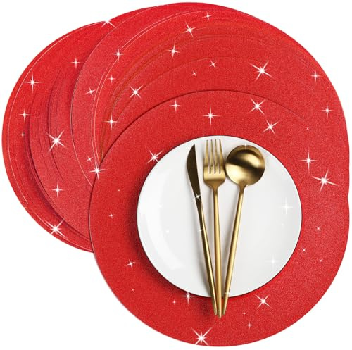Patelai Glitter Paper Decorative Placemats - 13 Inch Round Shiny Tablemats - Bling Disposable Paper Doilies for Table Dinning Banquet Wedding Party (Red, 100 Pcs)